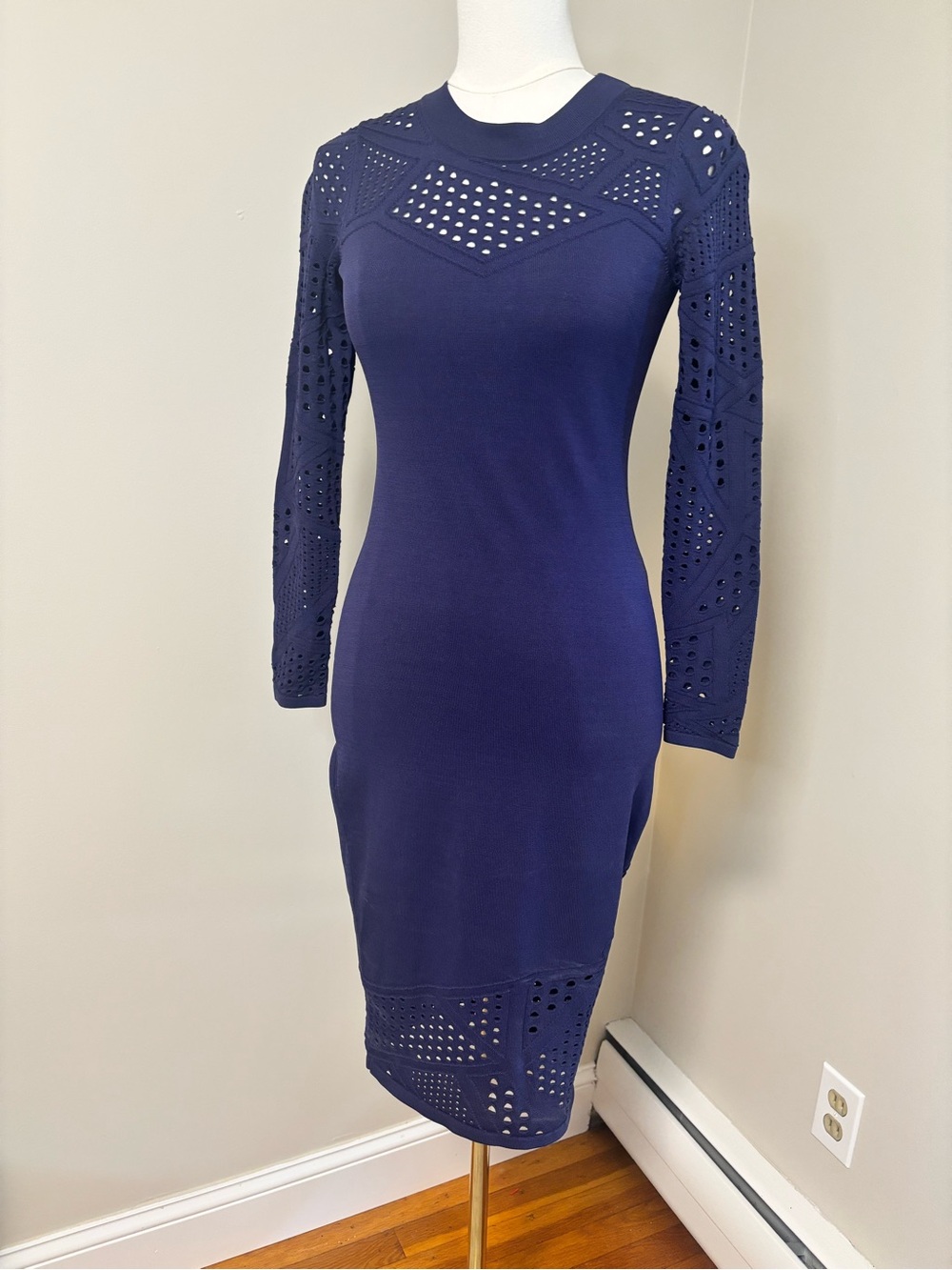 Milly Navy Eyelet Knit Long Sleeve Sheath Dress S